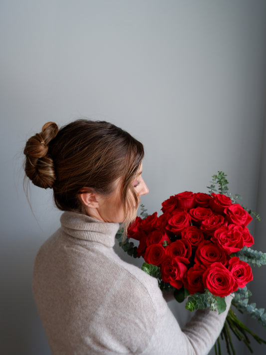 Red roses with eucalyptus
