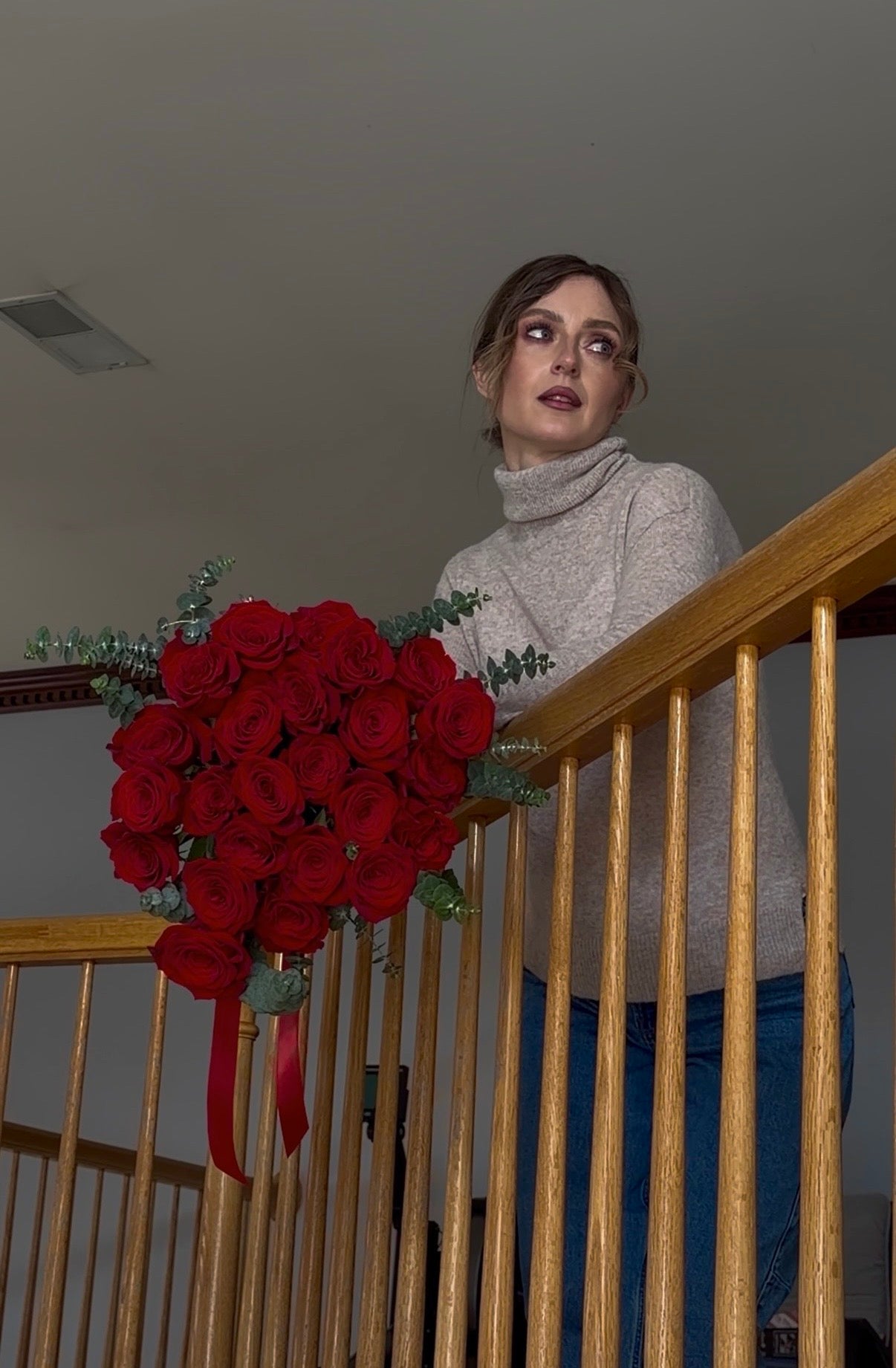 Red roses with eucalyptus